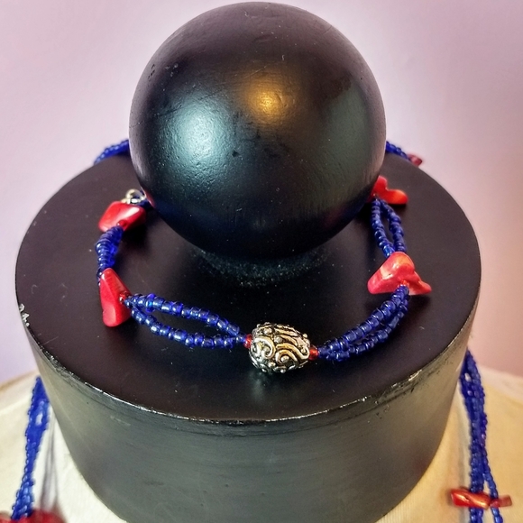 Piece #12 "Ocean Ruins" Red Coral & Blue Necklace - Picture 2 of 4